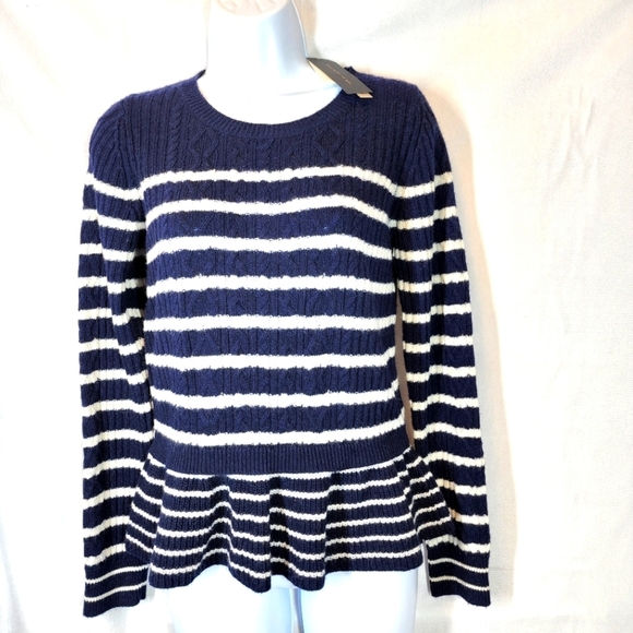 NWT Banana Republic Wool Cashmere Banana Sweater Peplum Hem Navy White Size SP - Picture 13 of 16